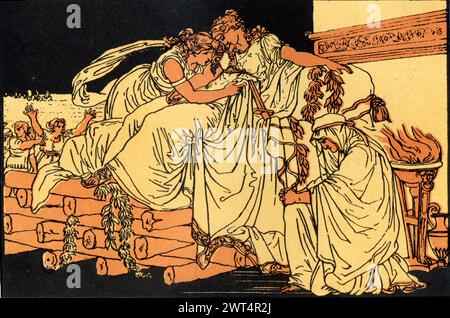Vintage-Illustration römische Mythologie, Dido auf dem Trauerhaufen, Aeneid ein lateinisches Epos, das die legendäre Geschichte von Aeneas erzählt, einem Trojaner, der aus dem Land geflohen ist Stockfoto