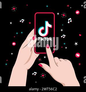 Hand einer Frau, die ein Smartphone mit TikTok-Logo auf dem Bildschirm hält. Unterhaltung kurze Video Social Network. Vektorillustration mit Jugendkonzept. Stock Vektor