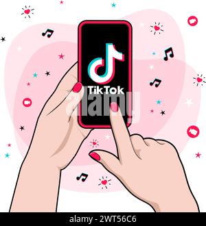 Hand einer Frau, die ein Smartphone mit TikTok-Logo auf dem Bildschirm hält. Unterhaltung kurze Video Social Network. Vektorillustration mit Jugendkonzept. Stock Vektor