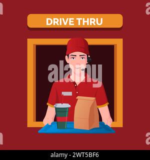 Fastfood Restaurant Arbeiter servieren Bestellung an einem Drive Thru Fenster, Cartoon Drive Thru Service, Vektor Illustration Stock Vektor