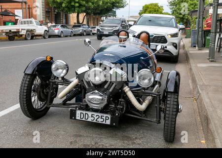 Morgan 3 dreirädriger Roadster, der zwischen 2012 und 2021 von der britischen Firma Morgan produziert wurde und im Tanunda Barossa Valley in Südaustralien parkte Stockfoto