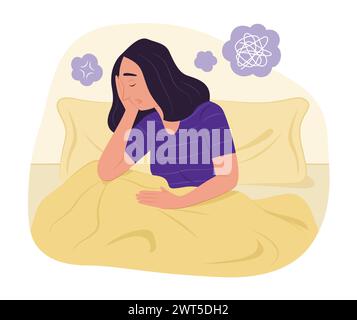 Depressive Frau sitzend im Bett mit emotionalem Stress für mentale Gesundheit Konzept Illustration Stock Vektor