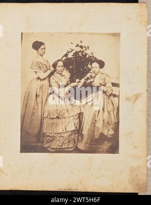 Porträt von drei jungen Frauen. Jakob Höflinger, Fotograf (Schweizer, 1819–1898) über 1850er Jahre Porträt von drei jungen Frauen posierte um einen großen blühenden Busch auf einem Tisch. Zwei Frauen sitzen vor dem Tisch, zueinander geneigt und halten Blumen hoch. Die dritte Frau steht an der Fabrik hinter ihnen auf der linken Seite des Bildes. Stockfoto