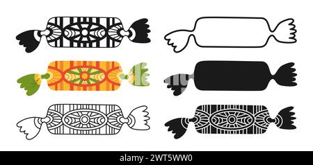 Eingewickelte Süßigkeiten mit Doodle Ornament. Bonbon mit Zeichentricksymbol, Lutscher mit Stempel, Linienzeichen oder Silhouette, Süßigkeiten, Snack-Design-Set. Leckere Zucker Dessert Essen kindliche Party. Gewickelte Bonbon-Vektor-Illustration Stock Vektor
