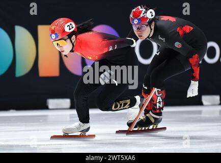 Rotterdam, Niederlande. März 2024. Gong Li (L) aus China tritt während der 1000-m-Hitze der Frauen bei den ISU-Kurzstrecken-Speed-Skating-Weltmeisterschaften 2024 in Rotterdam, Niederlande, am 15. März 2024 an. Quelle: Lian Yi/Xinhua/Alamy Live News Stockfoto