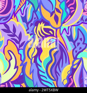 Farbenfrohes, nahtloses Muster mit chaotischen Blumen- und psychedelischen abstrakten Elementen. Vektorabbildung. Stock Vektor