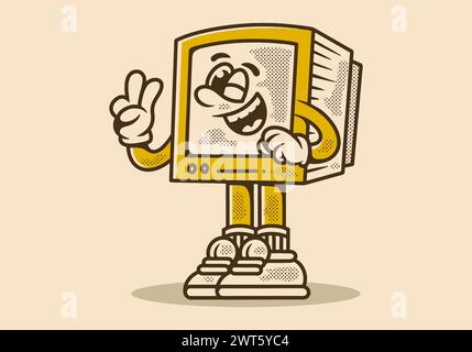 Maskottchencharakterdesign eines alten Monitors, der mit der Hand steht und ein Friedenssymbol bildet. Vintage-Farbe Stock Vektor