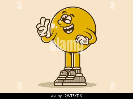 Maskottchenfiguren-Illustration des Kugelkopfes mit der Hand bilden ein Symbol des Friedens. Gelbe Vintage-Farbe Stock Vektor