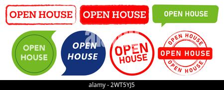 Open House Stempel und Sprech-Blase Aufkleber Schild Ankündigung Information Commerce Stock Vektor