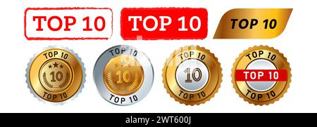 Top 10 Rechteckstempel und kreisförmiges goldenes Siegelabzeichen Aufkleber Schild Rangliste beste Auszeichnung Stock Vektor