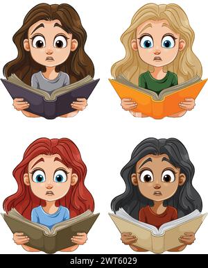 Vier Zeichentrickmädchen mit verschiedenen Haarfarben lesen. Stock Vektor