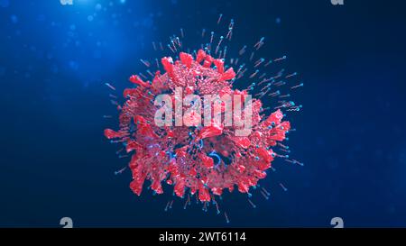 Seifenmoleküle zerstören ein Coronavirus, konzeptuelle Illustration. Seifenmoleküle haben einen hydrophilen (wasserliebenden) Kopf (blau) und einen hydrophoben (fettliebenden) Schwanz, der von der Lipidhülle des Virus angezogen wird und die Lipidmembran und die Spike-Moleküle auseinanderbricht. Stockfoto