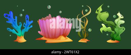 Seetang- und Korallen-Zeichentrickset. Vektor-Illustration Sammlung von verschiedenen Unterwasserpflanzen und Riffen. Marine- oder Aquarienboden tropisch hell Stock Vektor