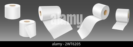 Weiße leere Toilettenpapierrollen stehen und liegen. Realistische Vektor-Illustration Set von Schablone für wc oder Küchentuch Band auf Rohr für Hygiene und Pflege. Stock Vektor