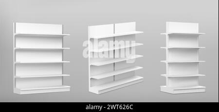 Weißes leeres Supermarktregal-Modell mit Racks zur Produktpräsentation. Realistische 3D-Vektor-Illustration Set von Bücherregal Ständer in verschiedenen Blickwinkeln Stock Vektor