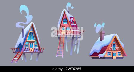Holzhütte mit Veranda auf Säulen, Dach mit Schnee und Kamin mit Rauch bedeckt. Zeichentrickvektor-Satz des kleinen dreieckigen Holzhauses für Berg oder f Stock Vektor