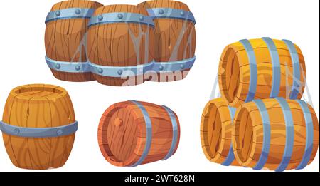 Alte Holzfässer mit Metallringen für die Herstellung von Wein und Whiskey, Schießpulver und tnt-Lagerung. Zeichentrickvektor-Illustration Set von altem Holzfass. Vintag Stock Vektor