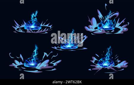 Blitz traf Boden oder Boden mit Burst vfx-Effekt. Zeichentrickvektor-Illustration Set von Donner Bolt mit Blitz und blauem Energielicht. Strom elektrisch Stock Vektor