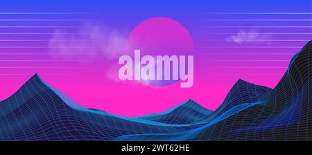 Synthwave Retro-Hintergrund mit Grid Mountain und neonrosa Sonnenuntergang. Realistische Vektor-Illustration der neuen Retro-Welle Hintergrund im Stil der 80er Jahre. Abstraktes wi Stock Vektor