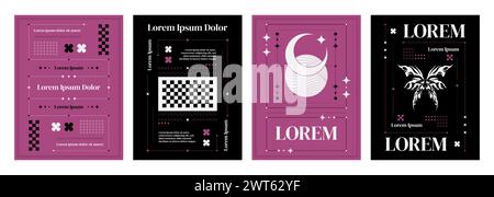 Posterschablone im y2k-Stil mit schlichtem Rahmen und einfacher Form, glitzernden und Mondaufklebern, abstraktem Neo-Tribal-Schmetterlingselement und Typografie. Vektor Stock Vektor
