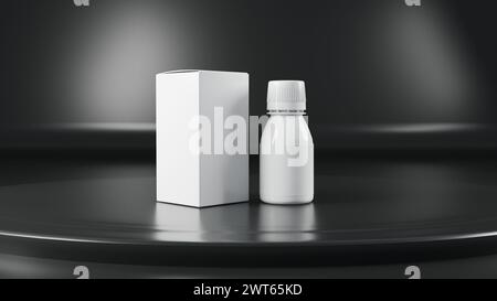 3D-Modell für leere Arzneimittelflasche auf schwarzem Hintergrund Stockfoto