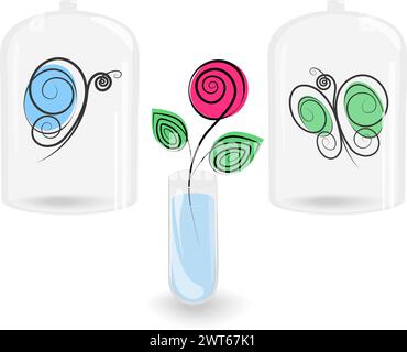 Stilisierte Schmetterlinge unter Glasdeckel und Rose in transparentem Behälter mit Wasser. Satz mit 3 Elementen. Isolieren. EPS. Vektor für Karten, Aufkleber, Symbole oder Poster, Banner, Web und andere verschiedene Verwendungszwecke Stock Vektor