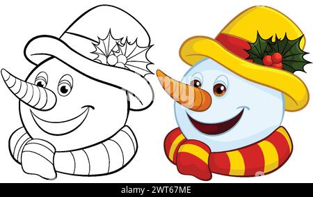 Farbenfrohe und fröhliche Schneemänner mit Ferienhüten. Stock Vektor