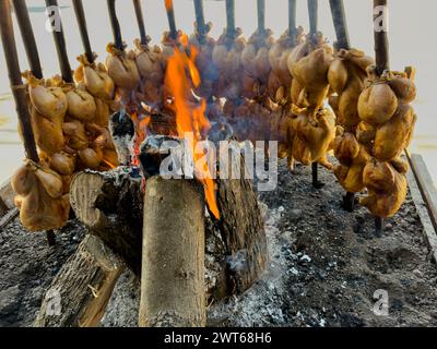 Ein traditionelles Balochi-Huhn Sajji wird in einem offenen Feuer in Pakistan hergestellt Stockfoto