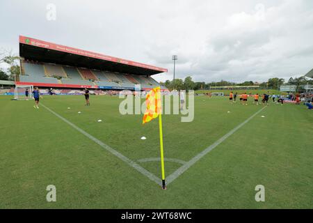 Brisbane, Australien, 16. März 2024: Brisbane Spieler wärmen sich vor der Isuzu Ute auf, Ein Ligaspiels zwischen Brisbane Roar und Macarthur FC im Ballymore Stadium (Promediapix/SPP). /Alamy Live News Stockfoto