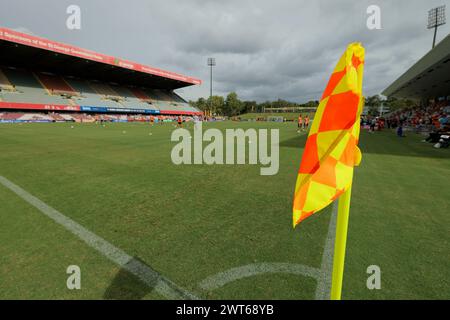 Brisbane, Australien, 16. März 2024: Brisbane Spieler wärmen sich vor der Isuzu Ute auf, Ein Ligaspiels zwischen Brisbane Roar und Macarthur FC im Ballymore Stadium (Promediapix/SPP). /Alamy Live News Stockfoto