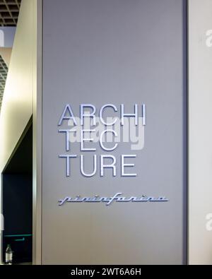 Cannes, Frankreich. März 2024. Das Architekturlogo Pininfarina auf der MIPIM in Cannes. Die Messe MIPIM in Cannes ist die größte jährliche internationale Ausstellung, die sich mit Immobilien und Investitionen in innovative und ökologische Architekturprojekte befasst. Quelle: SOPA Images Limited/Alamy Live News Stockfoto