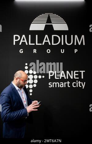 Cannes, Frankreich. März 2024. Das Logo der Palladium Group auf der MIPIM in Cannes. Die Messe MIPIM in Cannes ist die größte jährliche internationale Ausstellung, die sich mit Immobilien und Investitionen in innovative und ökologische Architekturprojekte befasst. Quelle: SOPA Images Limited/Alamy Live News Stockfoto