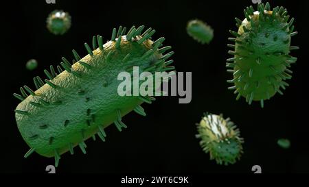 3D-Animation des Lyssavirus verursacht tödliche akute virale Enzephalomyelitis, bekannt als Tollwut. Stockfoto