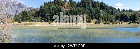 Panoramablick auf einen Wald voller Kiefern in einem Berg, einen See mit Reflexen von Gras auf dem Boden und einen toten Busch auf der linken Seite in PUE Stockfoto