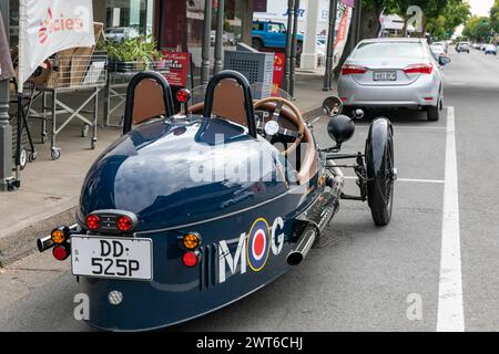 Morgan 3 Sports Roadster Car, produziert von der britischen Firma Morgan, parkte in Tanunda im Barossa Valley, South Australia Stockfoto