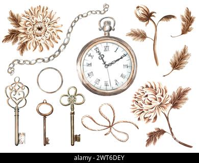 Vintage-Set mit Taschenuhr, Schlüsseln, Kette, Chrysanthemen-Blumen, Blättern. Handgezeichnete Aquarellillustration. Retro-Clipart isolierter Elemente. Für Stockfoto