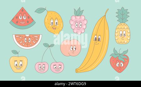 Retro-groovige Cartoon-Früchte. Moderne süße Comic-Vektor-Maskottchen aus Wassermelone, Zitrone, Himbeere, Banane, Ananas, Erdbeere, Kirsche, Apfel mit Happy Stock Vektor