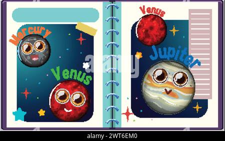 Niedliche anthropomorphe Planeten in einem lebendigen Notizbuch Stock Vektor