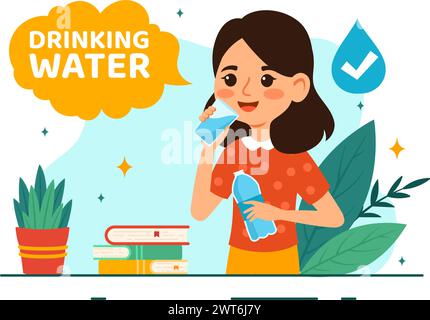 Menschen trinken Wasser aus Plastikflaschen und Gläsern mit reinem sauberem frischem Konzept in der flachen Kinder Cartoon Vektor Illustration Stock Vektor