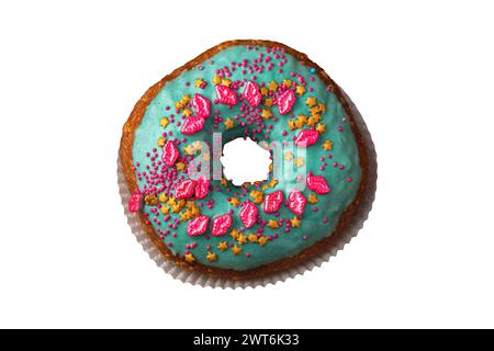 Draufsicht auf Donuts in verschiedenen Farben und Aromen auf weißem Hintergrund Stockfoto