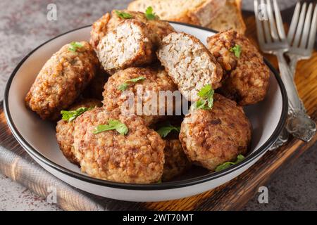 Gebratene Buchweizenfleischbällchen Hrechanyky aus Hackfleisch und gekochtem Buchweizenbrei mit Zwiebeln, Gewürzen in einem Teller auf dem Tisch. Horizontal Stockfoto