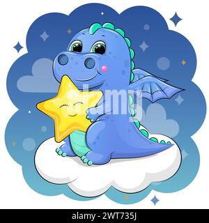 Der süße Zeichentrickdrache mit einem Nachtmütze hält einen gelben Stern und sitzt auf einer Wolke. Nachtvektor-Illustration auf einem dunkelblauen Hintergrund. Stock Vektor