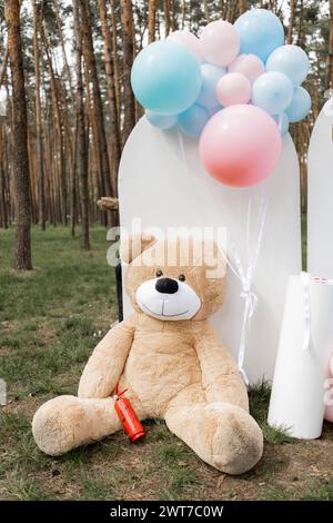 Großer Spielzeugbär bei einer Feier in der Nähe der Fotozone für eine Geburtstagsparty Stockfoto