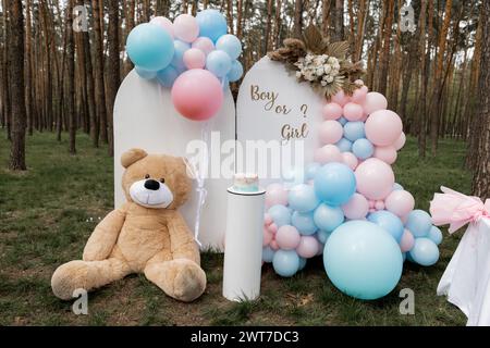 Großer Spielzeugbär bei einer Feier in der Nähe der Fotozone für eine Geburtstagsparty Stockfoto