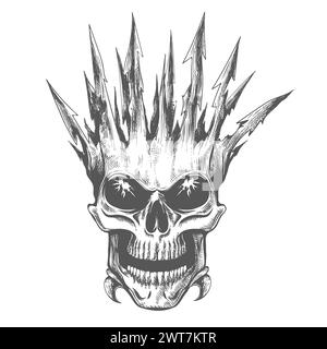 Horror Skull in scharfer Knochenkrone Gravur Tattoo isoliert auf weißem Hintergrund. Es wurde keine AI verwendet. Stock Vektor