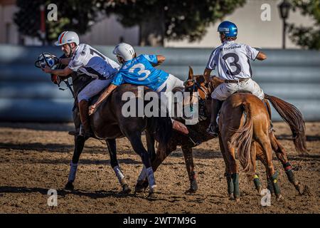 Der französische Nicolas Thiessard (L) und der mexikanische Jose Luis Nieto (R) waren im Kampf mit dem argentinischen Justo Bermudez aus Sierra de los Padres (C) beim Open Horseball Argentina im Regimiento de Granaderos a Caballo zu sehen. Das Internationale Turnier „Open Horseball Argentina“ wurde am 7., 8. Und 9. März im Regimiento de Granaderos a Caballo General San Martín in Buenos Aires ausgetragen. Es war der Auftakt zur Horseball-Weltmeisterschaft 2025 in Argentinien. An jedem Datum wurden drei Spiele ausgetragen. Die Teams bestanden aus Spielern von Differen Stockfoto