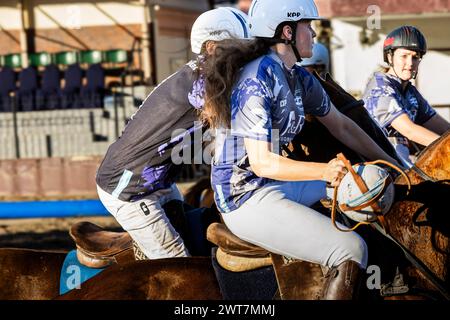 Der Spanien Marian (C) und der Kanadier Eve Theoret (R) vom Team A&R wurden im Finale des Open Horseball Argentinien gegen Team Cavalier in Aktion gesehen. Endergebnis des Turniers: Cavalier 5:3 A&R. Das Internationale Turnier „Open Horseball Argentina“ wurde am 7., 8. Und 9. März im Regimiento de Granaderos a Caballo General San Martín in Buenos Aires ausgetragen. Es war der Auftakt zur Horseball-Weltmeisterschaft 2025 in Argentinien. An jedem Datum wurden drei Spiele ausgetragen. Die Teams bestanden aus Spielern aus verschiedenen Ländern. Die Stockfoto