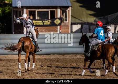 Die französische Spielerin Charlotte Laguerre vom Team Simone (L), die beim Open Horseball Argentina im Regimiento de Granaderos a Caballo in Aktion war. Das Internationale Turnier „Open Horseball Argentina“ wurde am 7., 8. Und 9. März im Regimiento de Granaderos a Caballo General San Martín in Buenos Aires ausgetragen. Es war der Auftakt zur Horseball-Weltmeisterschaft 2025 in Argentinien. An jedem Datum wurden drei Spiele ausgetragen. Die Teams bestanden aus Spielern aus verschiedenen Ländern. Das Finale fand am Samstag, dem 9. März, statt, wo die Cava ausgetragen wurde Stockfoto