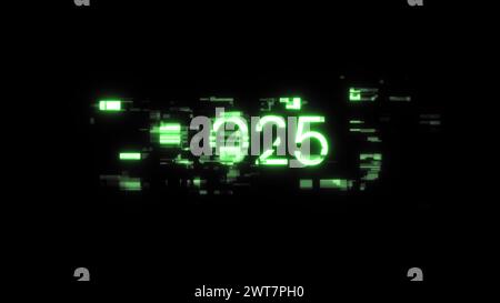 3D-Rendering von Text 2025 mit Bildschirmeffekten technologischer Fehler. Spektakuläre Bildschirmstörungen mit verschiedenen Arten von Interferenzen Stockfoto
