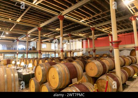 Chateau Tanunda Weinberg und Kellertür, Wein in Holzfässern im Kellerbereich, Barossa Valley, South Australia, 2024 gelagert Stockfoto